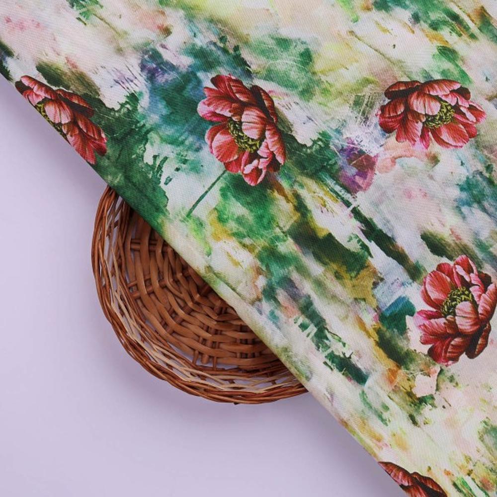 Painterly Red Poppy on Green Abstract Rayon Fabric – ra 0 ta0702 114 3