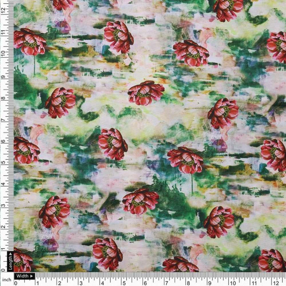 Painterly Red Poppy on Green Abstract Rayon Fabric – ra 0 ta0702 114 4