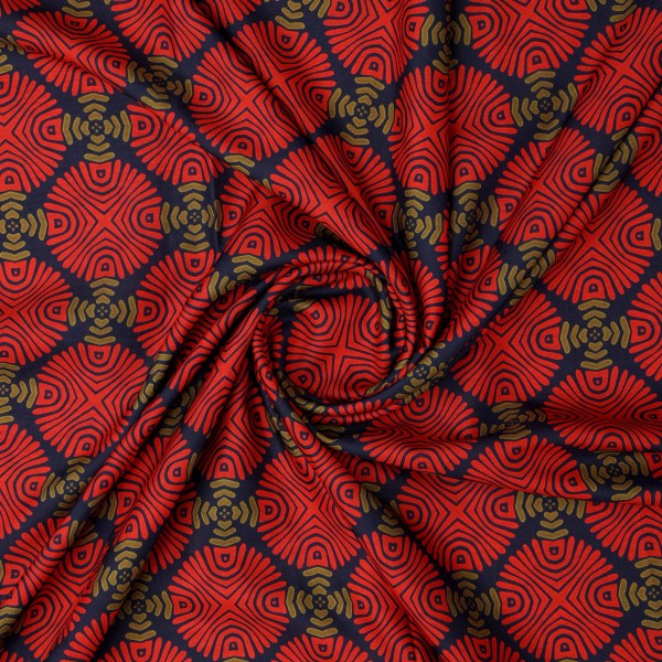 Red & Navy Blue Geometric Ethnic Motif Rayon Fabric