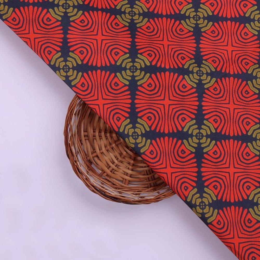 Red & Navy Blue Geometric Ethnic Motif Rayon Fabric