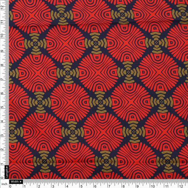Red & Navy Blue Geometric Ethnic Motif Rayon Fabric