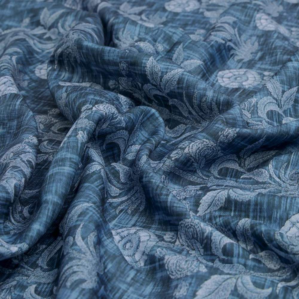 Teal Blue Damask Inspired Ethnic Floral Rayon Fabric