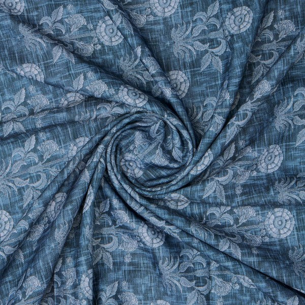 Teal Blue Damask Inspired Ethnic Floral Rayon Fabric