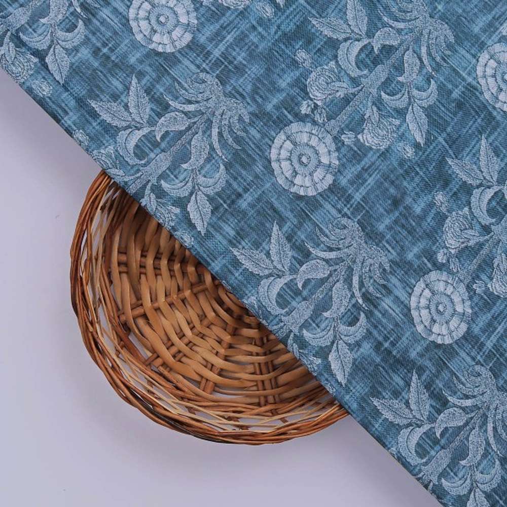Teal Blue Damask Inspired Ethnic Floral Rayon Fabric