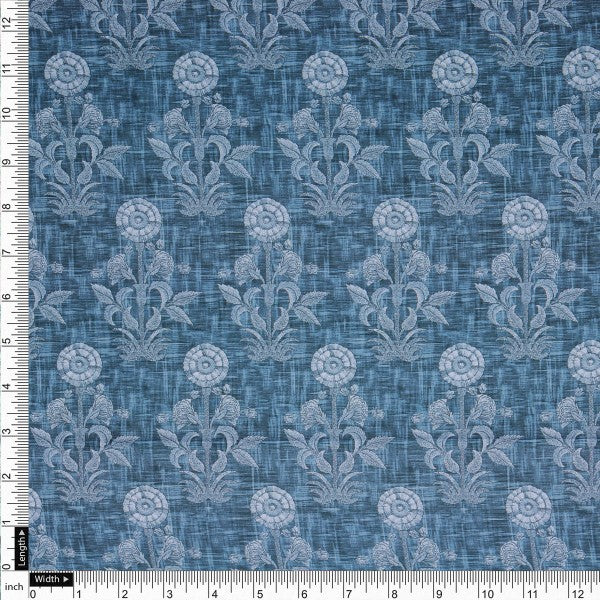 Teal Blue Damask Inspired Ethnic Floral Rayon Fabric