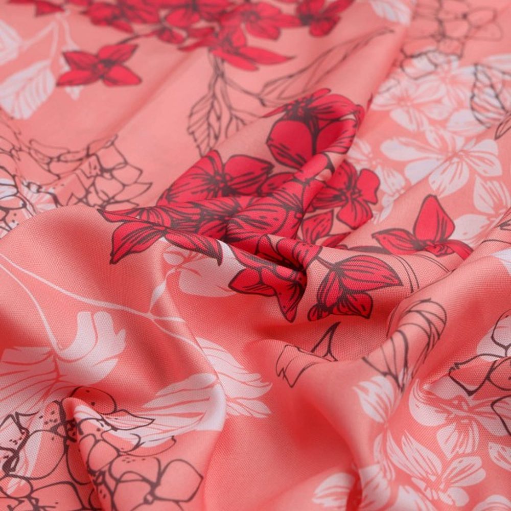 Coral Bloom Botanical Sketch Printed Rayon Fabric
