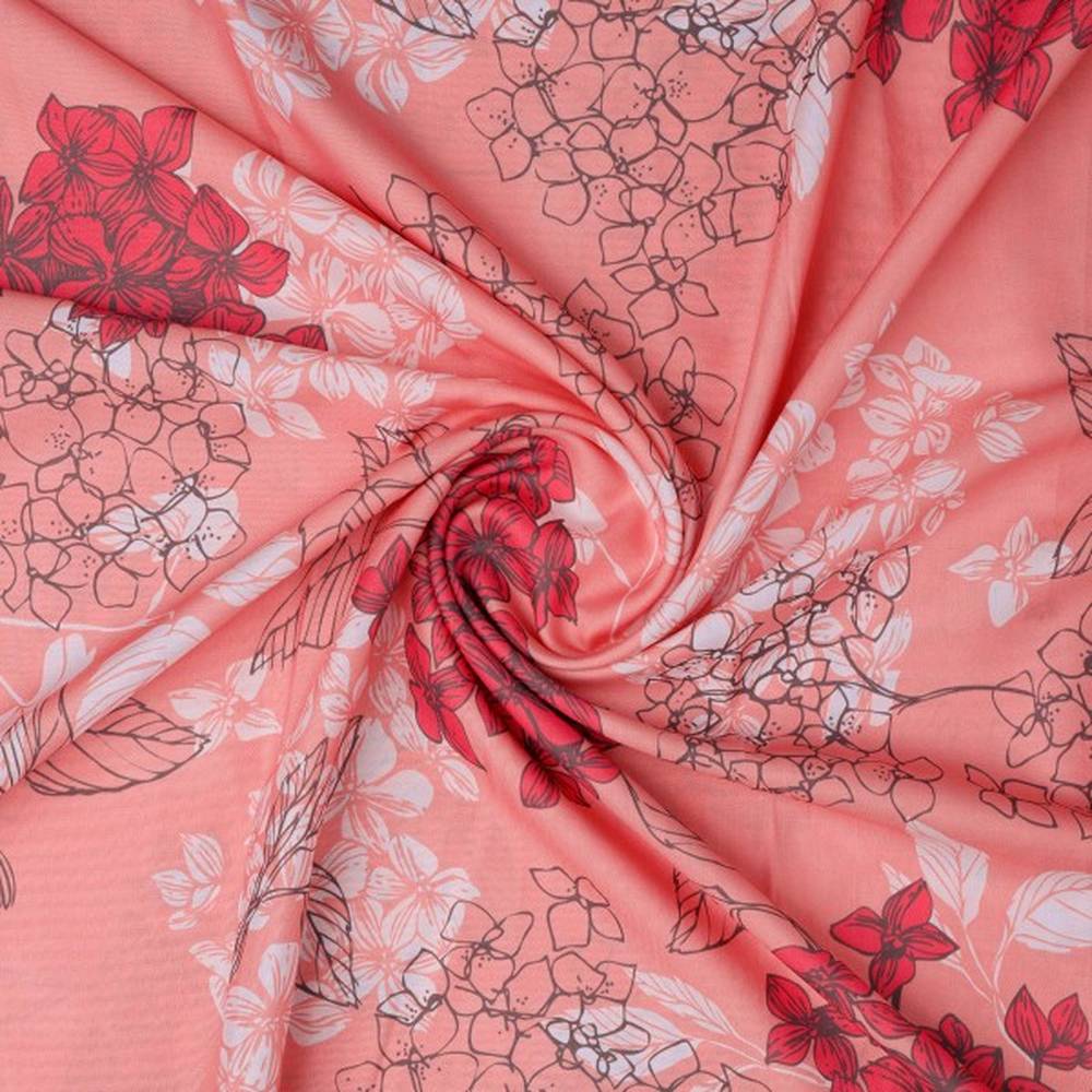 Coral Bloom Botanical Sketch Printed Rayon Fabric