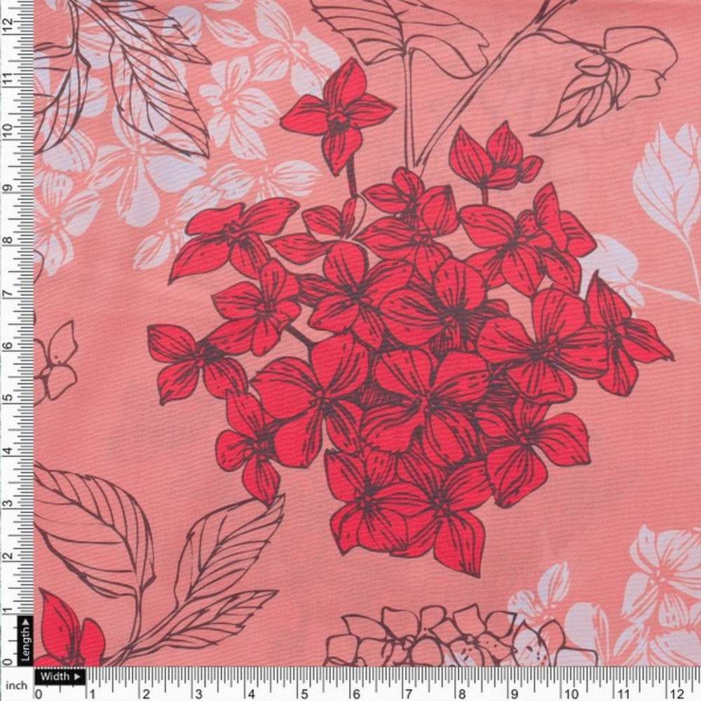 Coral Bloom Botanical Sketch Printed Rayon Fabric