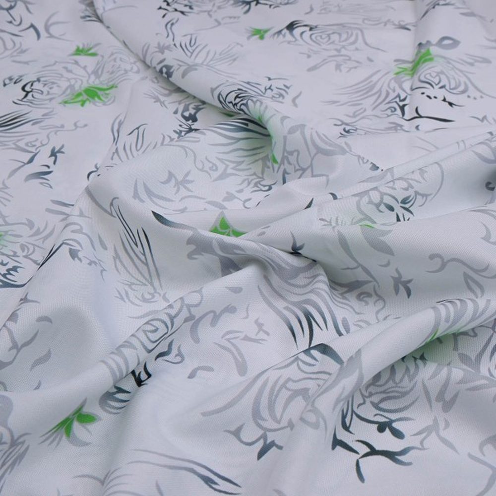 White & Grey Abstract Floral Rayon Fabric with Green Accents – ra 0 ta08171 114 1