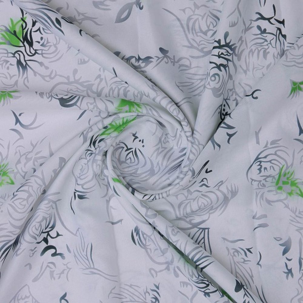 White & Grey Abstract Floral Rayon Fabric with Green Accents – ra 0 ta08171 114 2