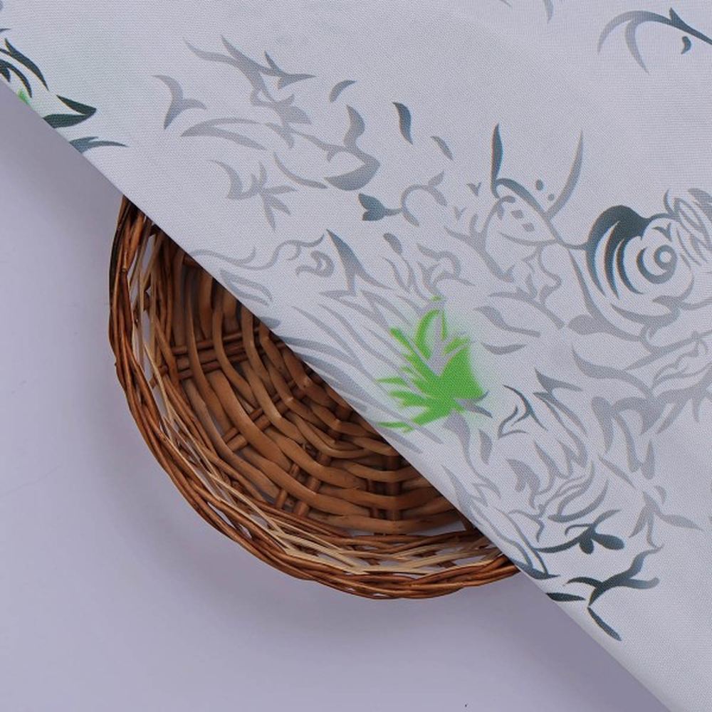 White & Grey Abstract Floral Rayon Fabric with Green Accents – ra 0 ta08171 114 3