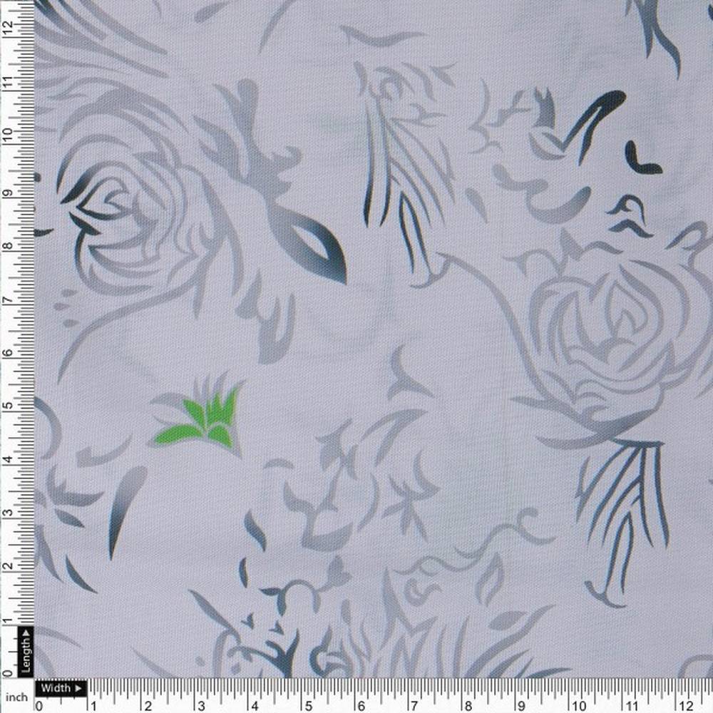 White & Grey Abstract Floral Rayon Fabric with Green Accents – ra 0 ta08171 114 4