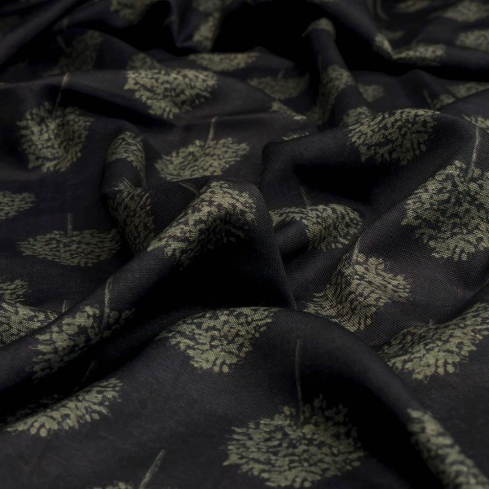 Charcoal Black & Olive Green Tree Printed Rayon Fabric – ra 0 ta1229 114 1