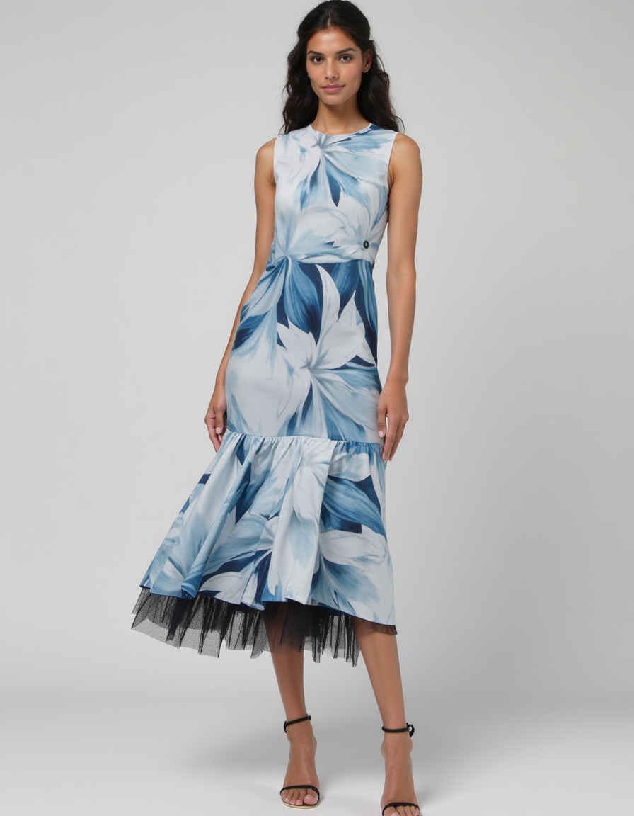 Light Blue Floral French Crepe Fabric