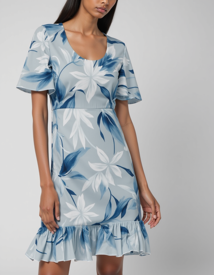 Light Blue Floral French Crepe Fabric