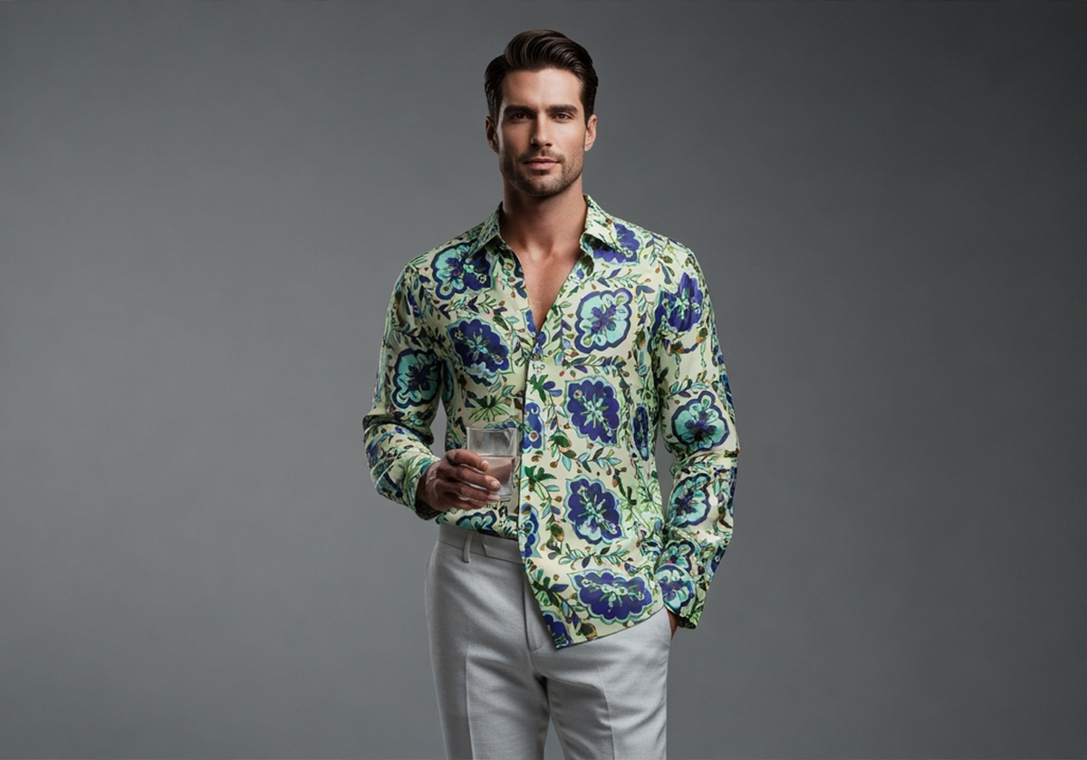 Royal Blue & Green Damask Floral Motif Chanderi Fabric