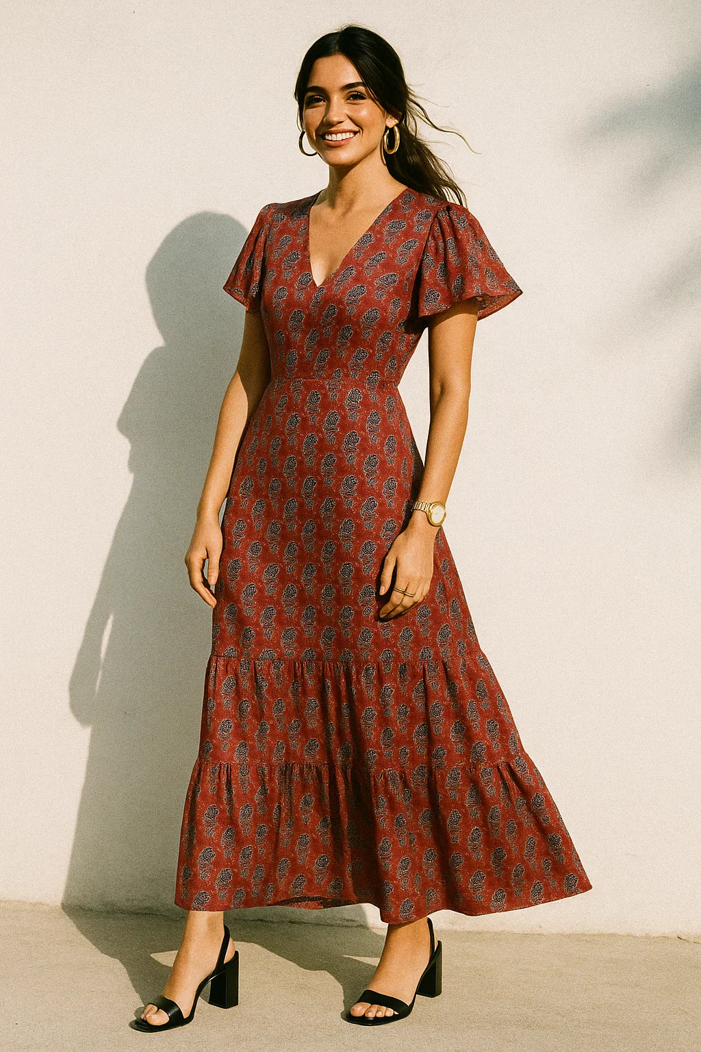 Decorative Flower Tree Redish Digital Printed Fabric - Crepe