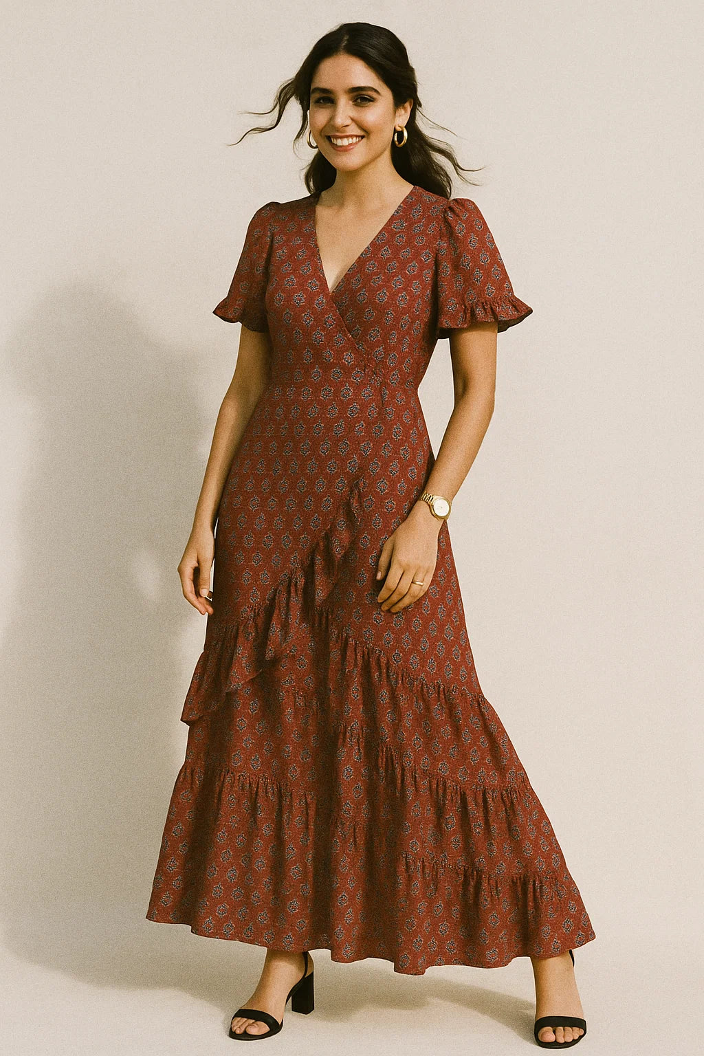 Decorative Flower Tree Redish Digital Printed Fabric - Crepe