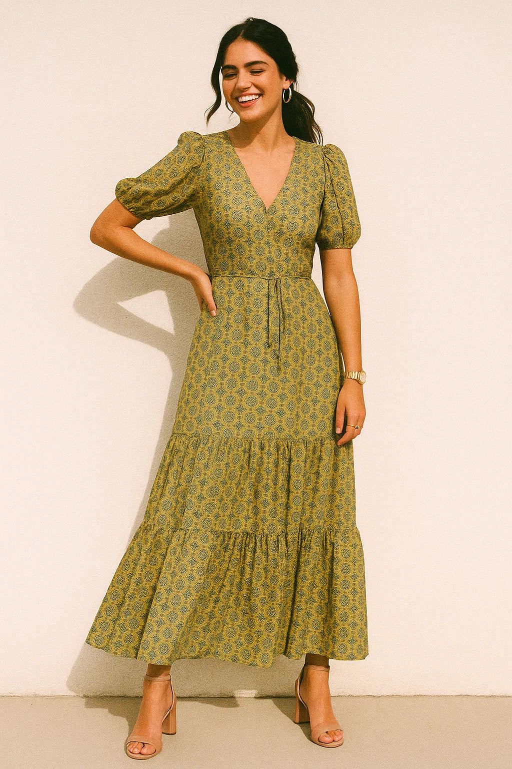 Attractive Tiny Green Link Flower Digital Printed Fabric - Crepe