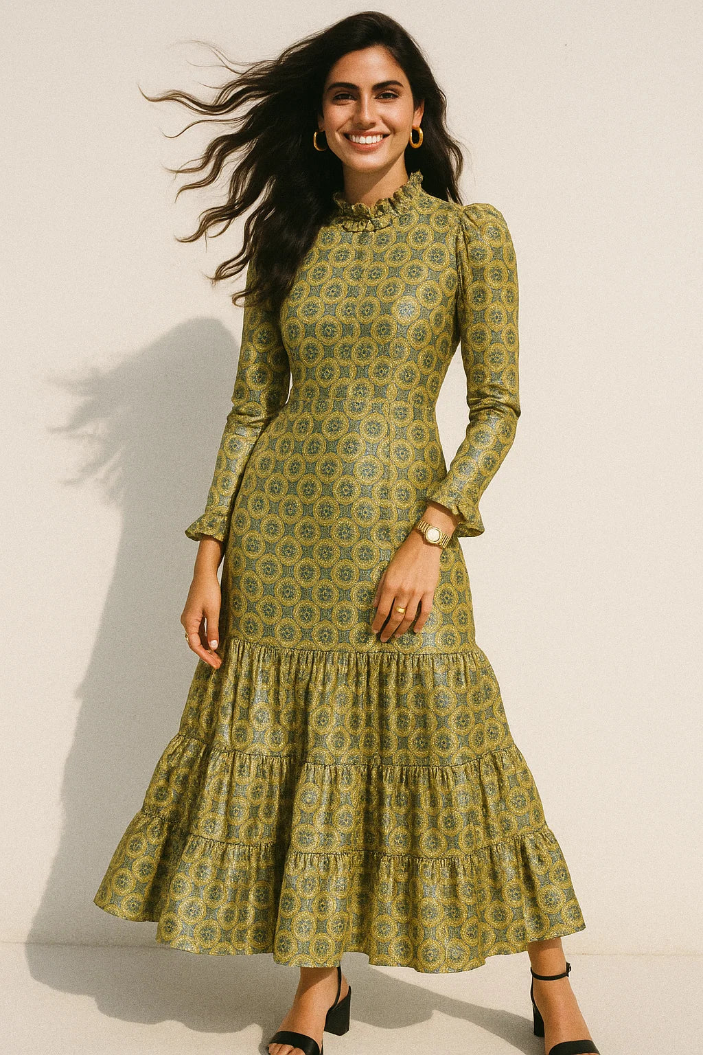 Attractive Tiny Green Link Flower Digital Printed Fabric - Crepe