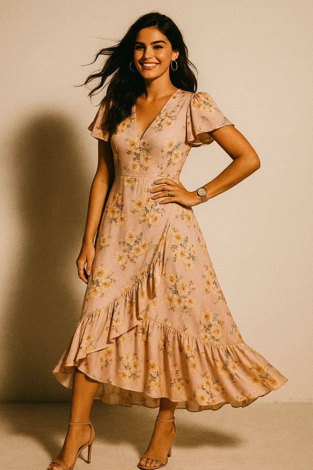 Camellia With Watusi Colour Digital Printed Fabric - Crepe