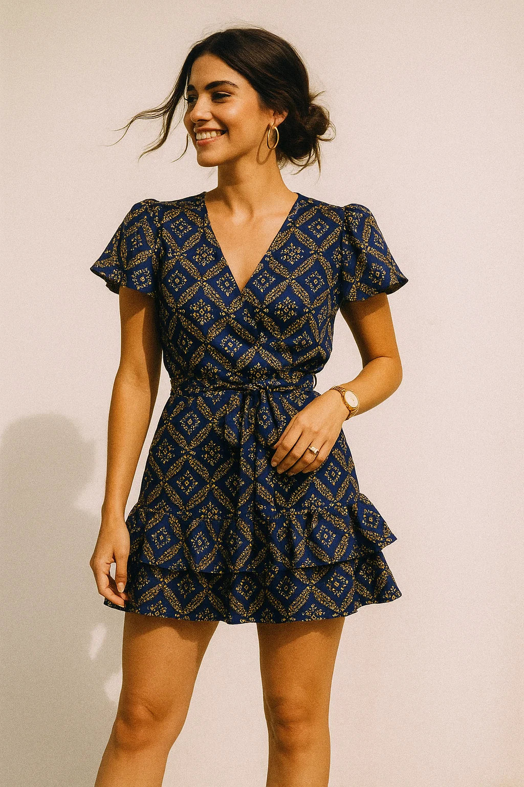 Tiny Yellow And White Doted Digital Printed Fabric - Crepe