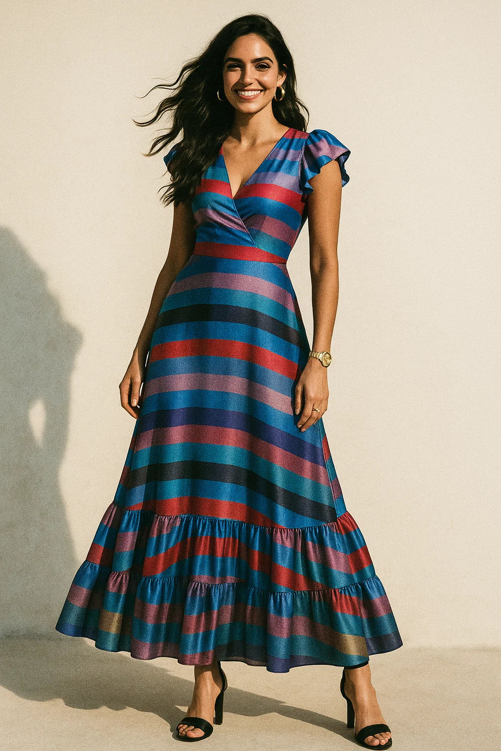 Rainbow Blurry Serpentine Strips Digital Printed Fabric - Crepe