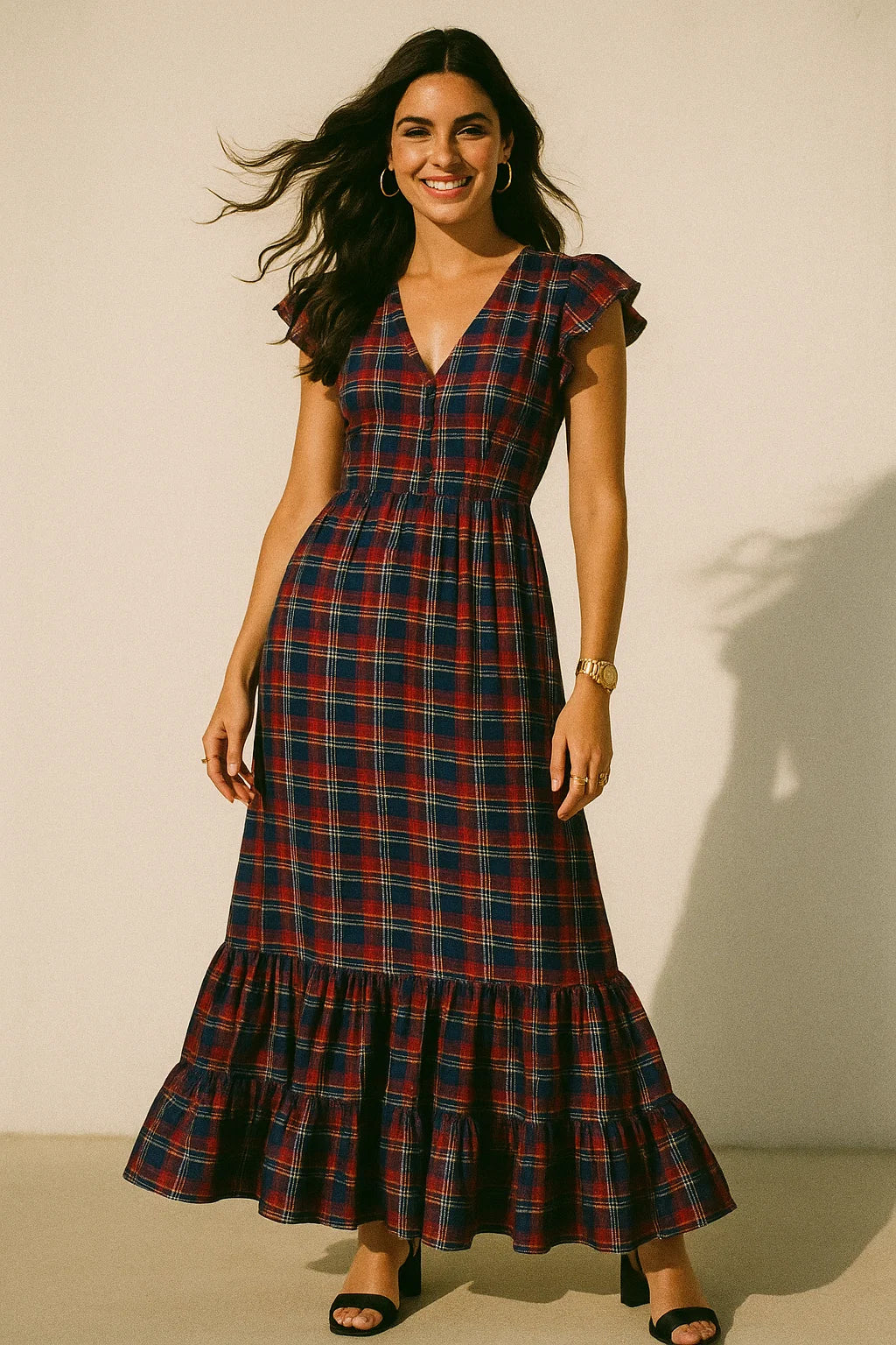 Gingham Pattern With Red And Blue Colour Digital Printed Fabric - Crepe