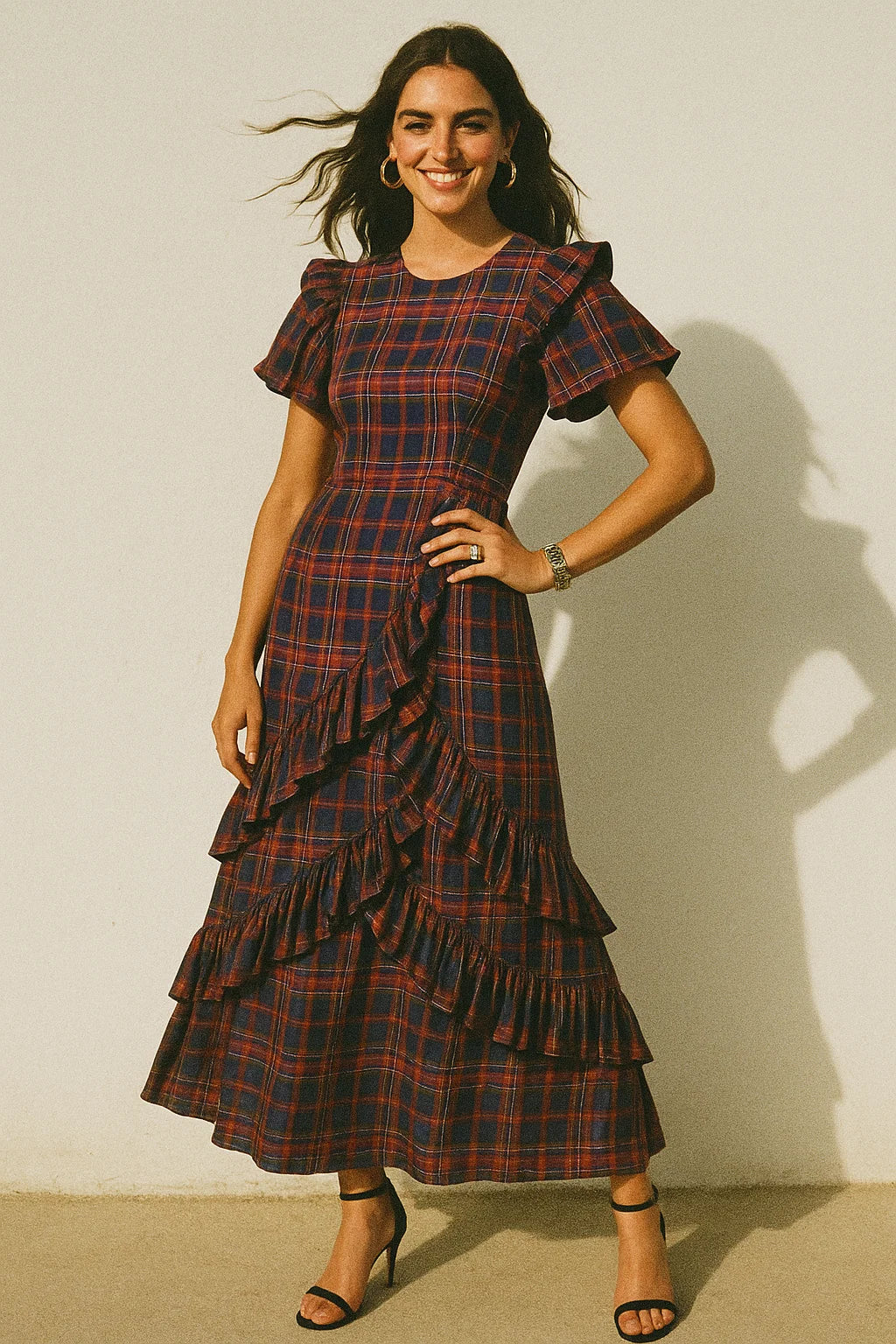 Gingham Pattern With Red And Blue Colour Digital Printed Fabric - Crepe