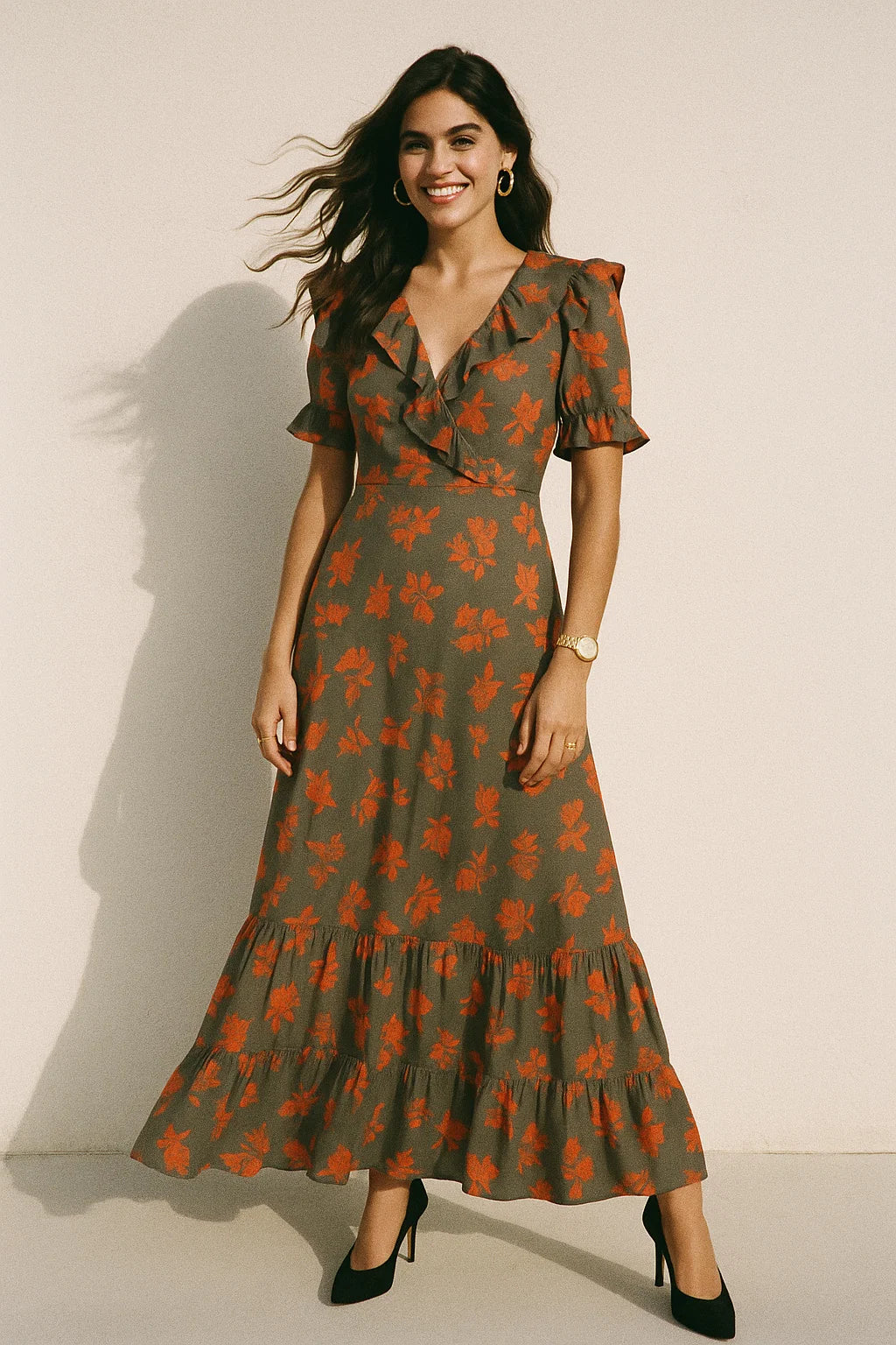 Tulips Roses With Orange Colour Digital Printed Fabric - Crepe