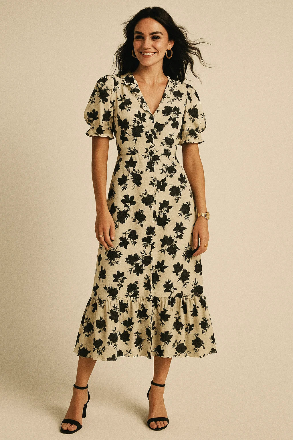 Black Floral Flower Digital Printed Fabric - Crepe