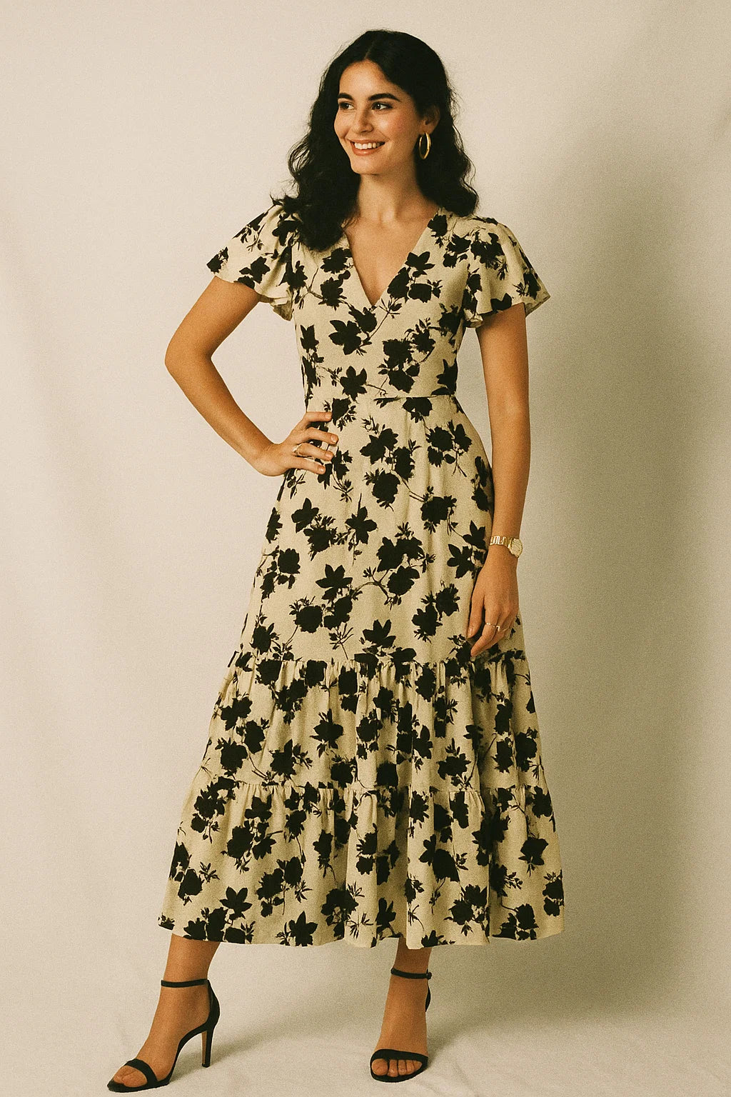 Black Floral Flower Digital Printed Fabric - Crepe