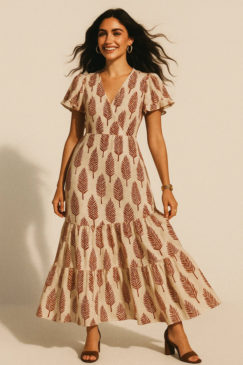 Red Pedate Leafs Digital Printed Fabric - Crepe