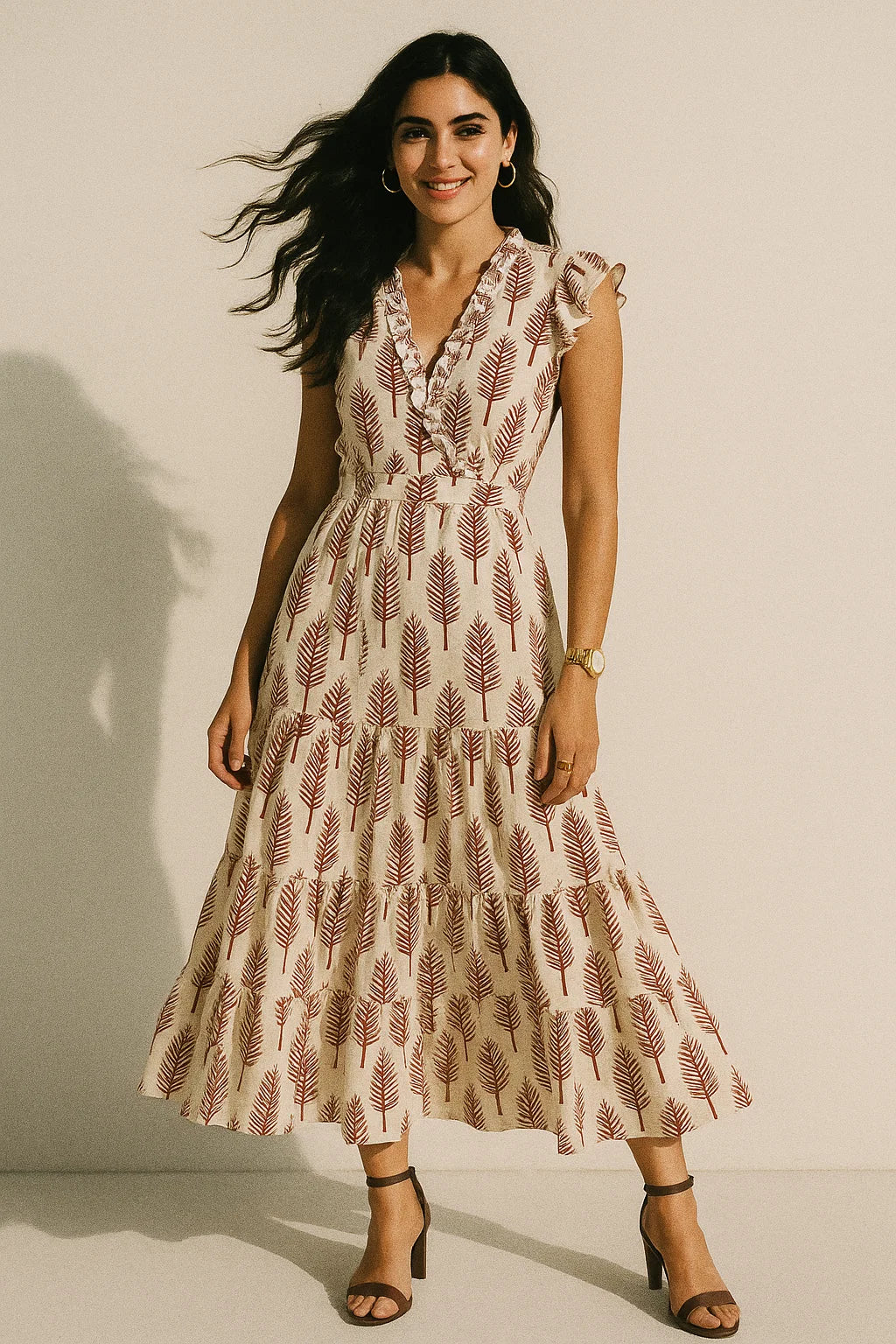 Red Pedate Leafs Digital Printed Fabric - Crepe