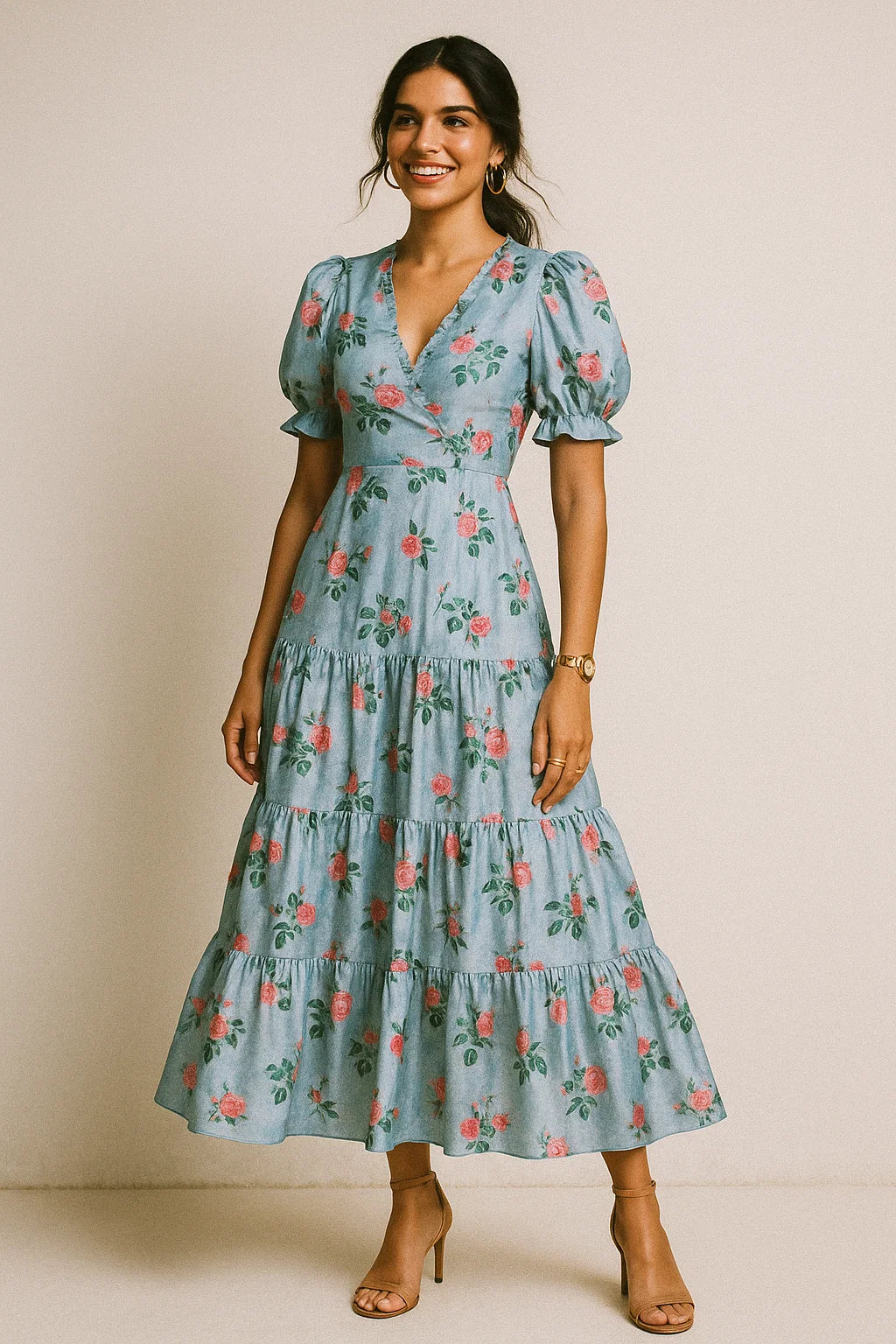 Aspen Green Leaf With Pink Rose Digital Printed Fabric - Crepe