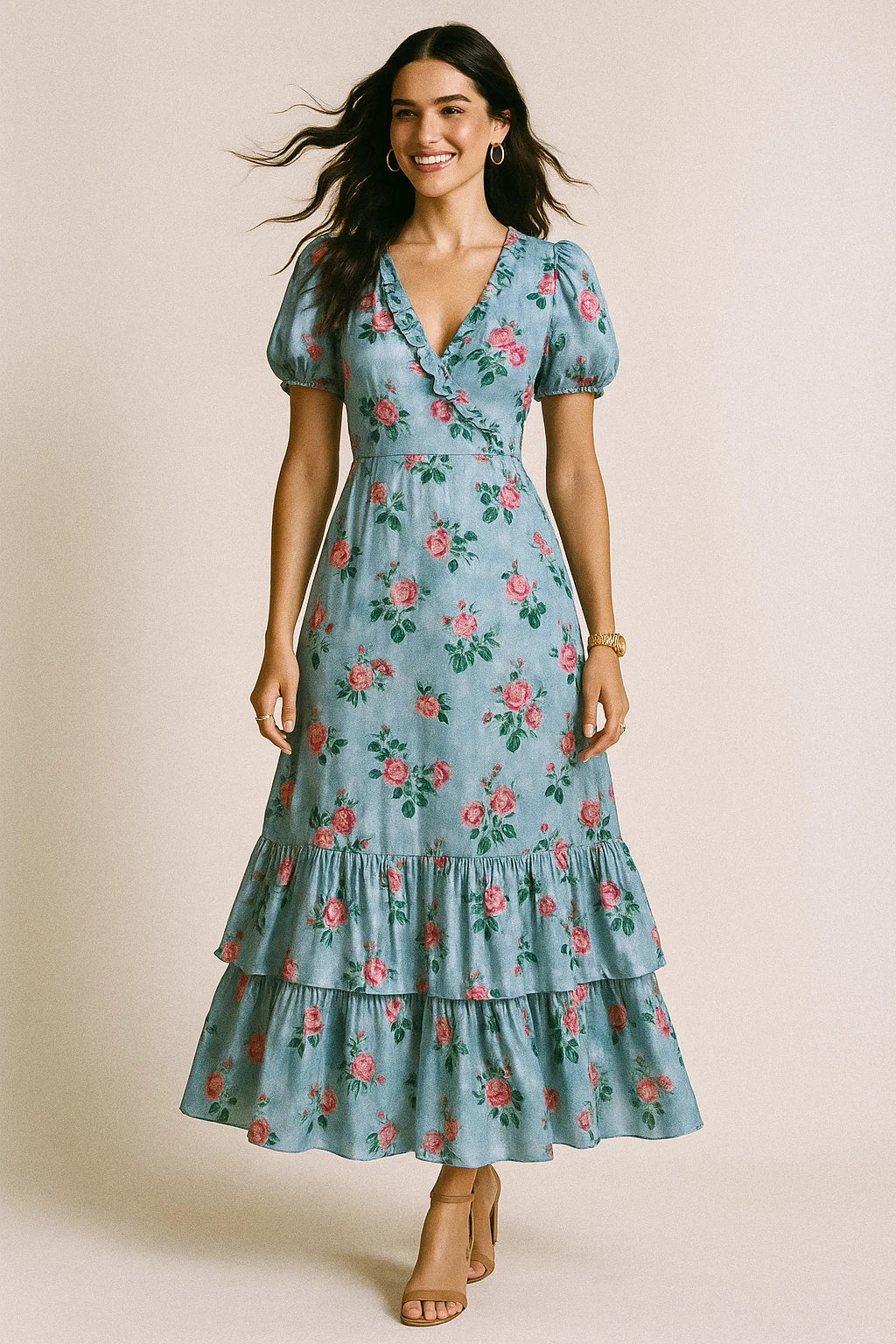 Aspen Green Leaf With Pink Rose Digital Printed Fabric - Crepe