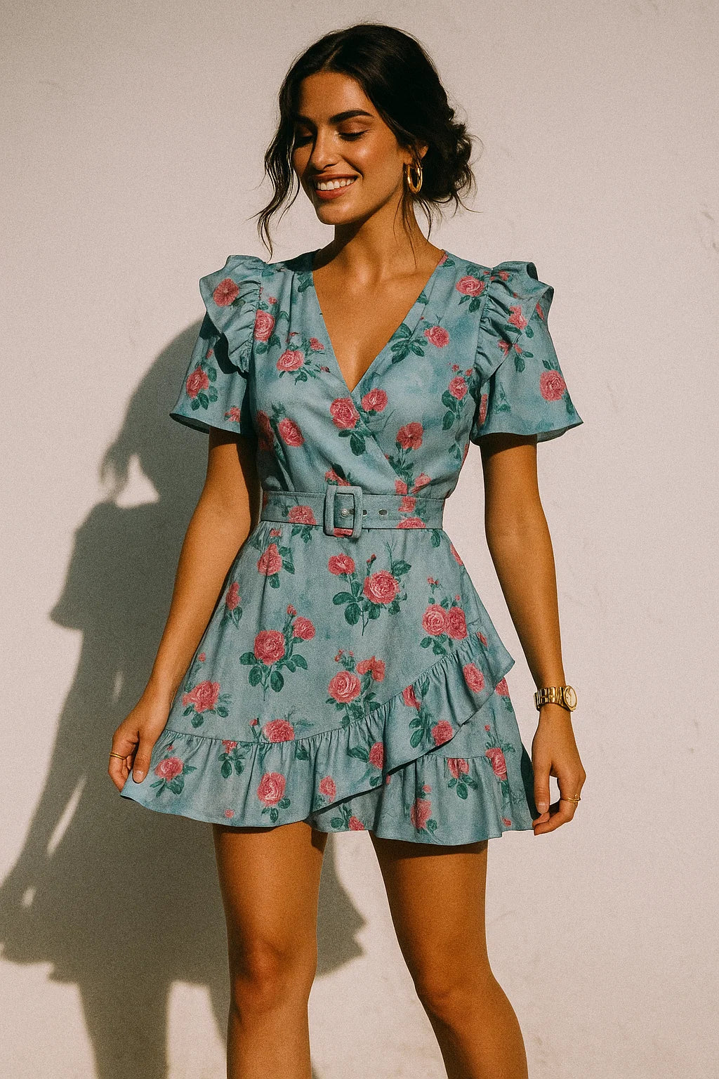 Aspen Green Leaf With Pink Rose Digital Printed Fabric - Crepe