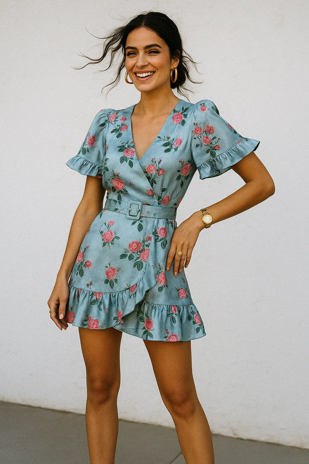 Aspen Green Leaf With Pink Rose Digital Printed Fabric - Crepe