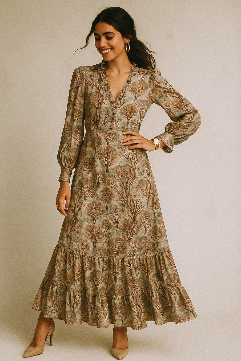 Suzani Summer Brown Tree Digital Printed Fabric - Crepe