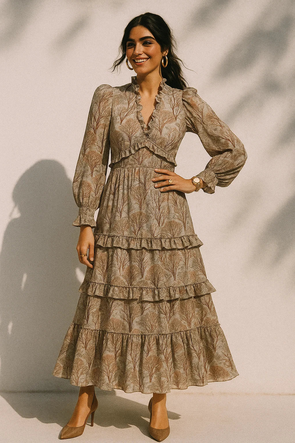 Suzani Summer Brown Tree Digital Printed Fabric - Crepe