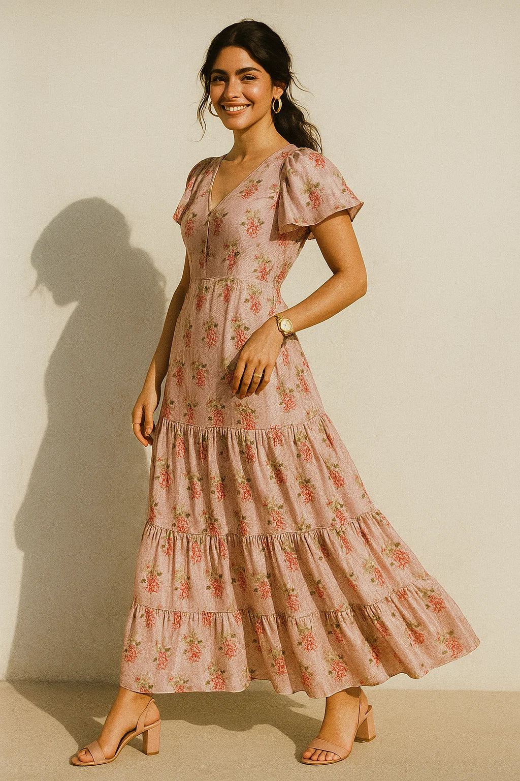 Pink Flower Pack With Stripes Digital Printed Fabric  - Crepe