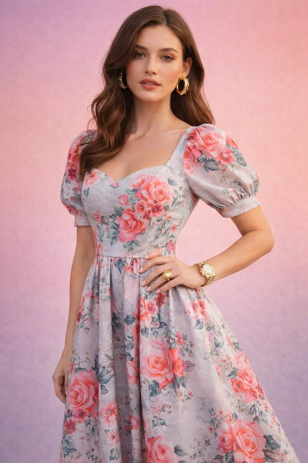 Elegant Pink Rose Floral Print on Soft Rayon Fabric