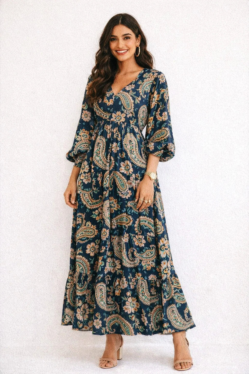 Navy Blue Paisley & Floral Printed Chanderi Fabric
