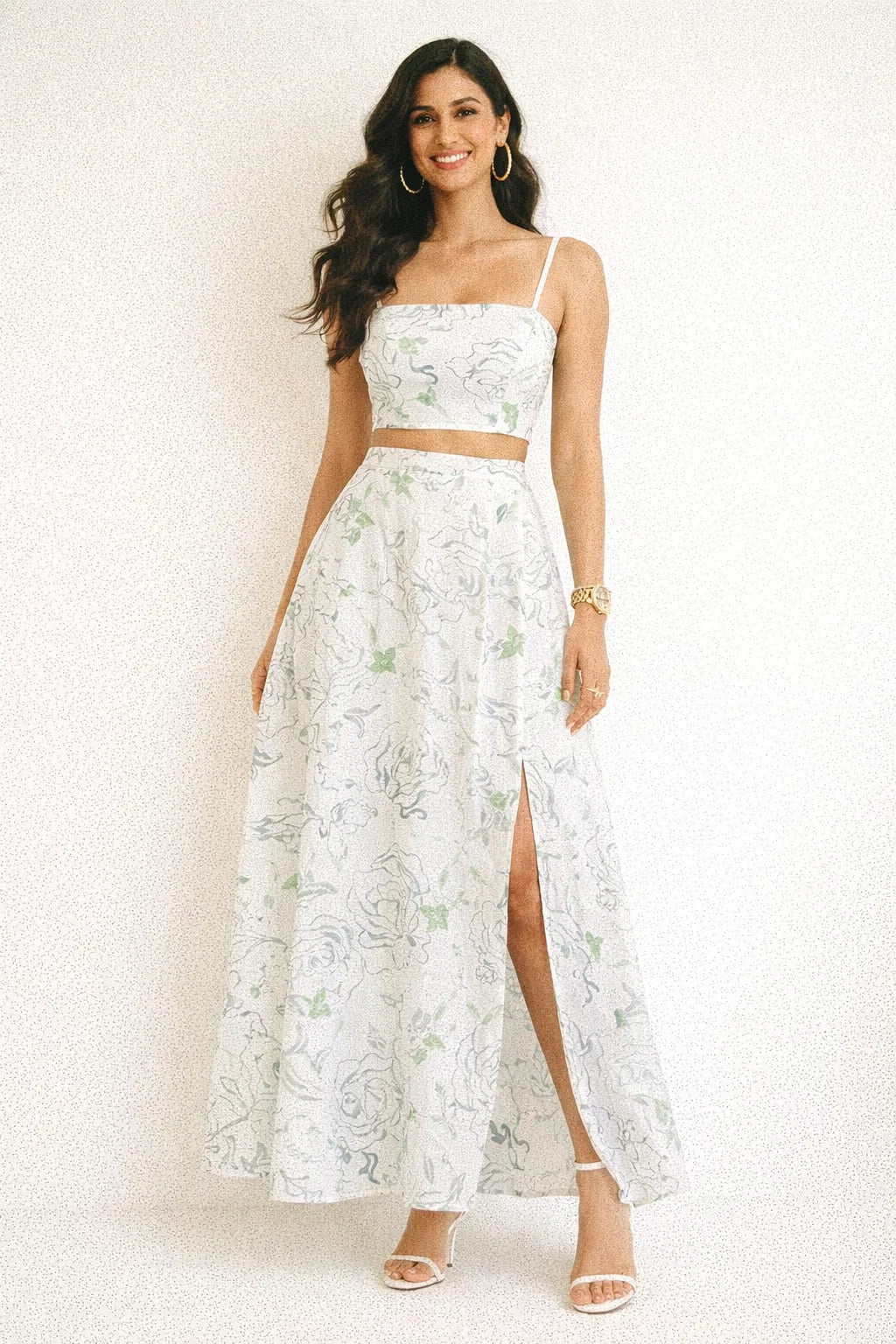 White & Grey Abstract Floral Rayon Fabric with Green Accents