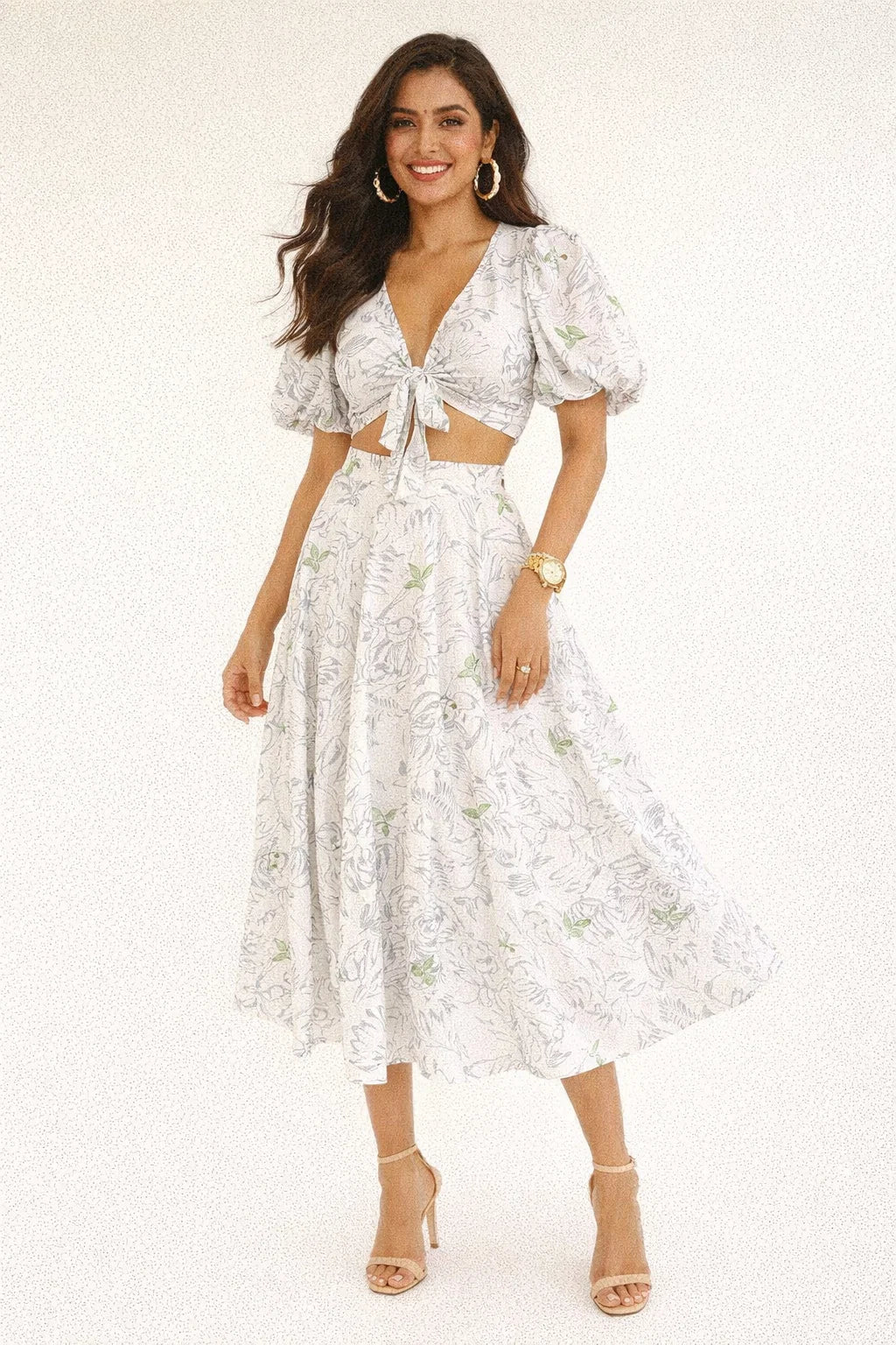 White & Grey Abstract Floral Rayon Fabric with Green Accents