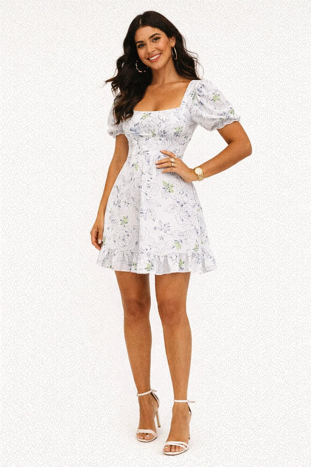 White & Grey Abstract Floral Rayon Fabric with Green Accents