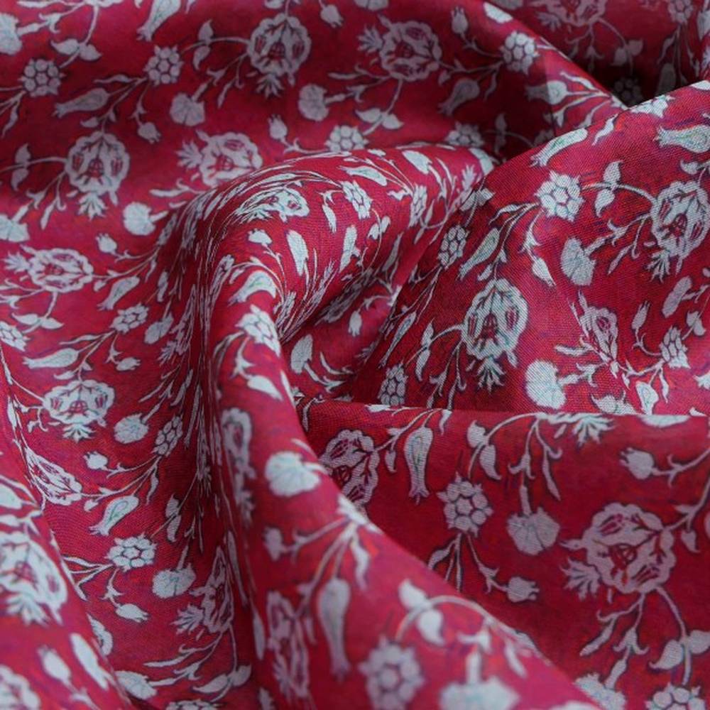 Magenta Damask Floral Print Tusser Silk Fabric