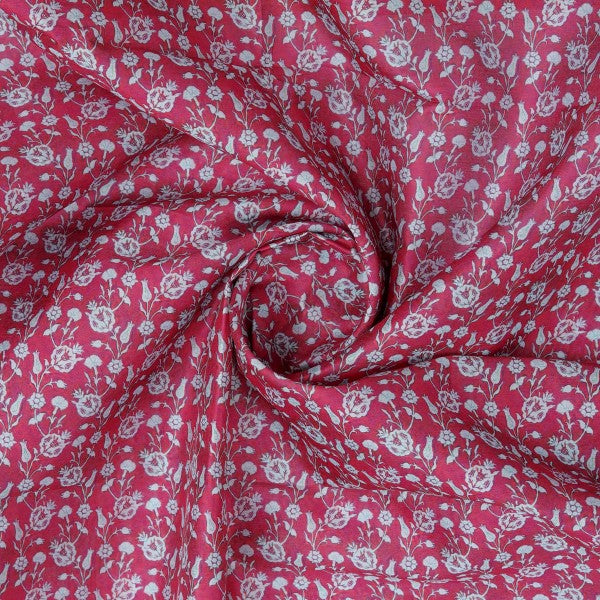 Magenta Damask Floral Print Tusser Silk Fabric
