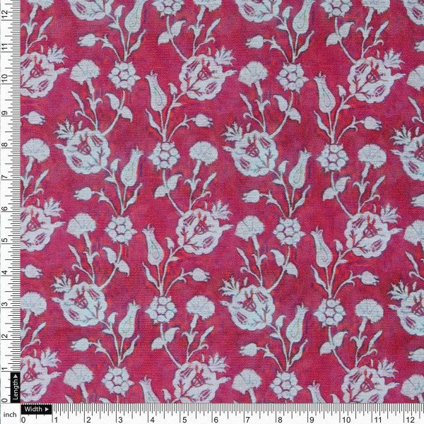 Magenta Damask Floral Print Tusser Silk Fabric
