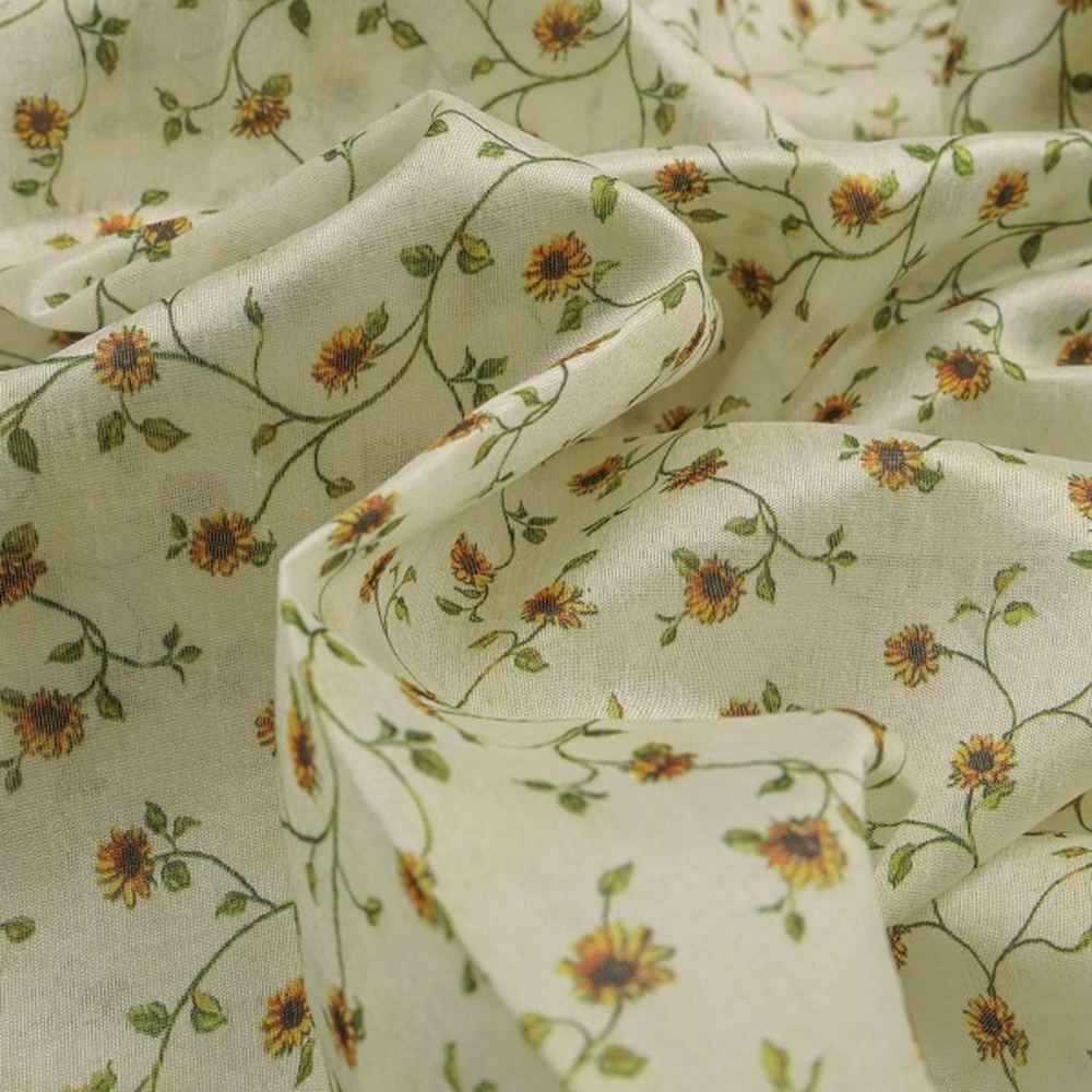 Charming Sunflower Vine Print on Cream Tusser Silk Fabric